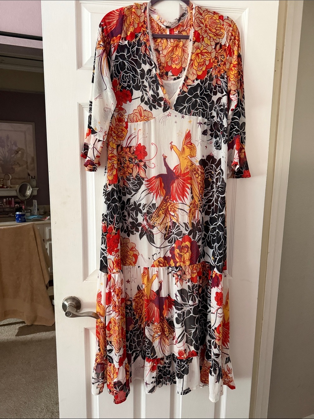 Free People Floral V-Neck Tiered Maxi Dress in White, Orange, & Black